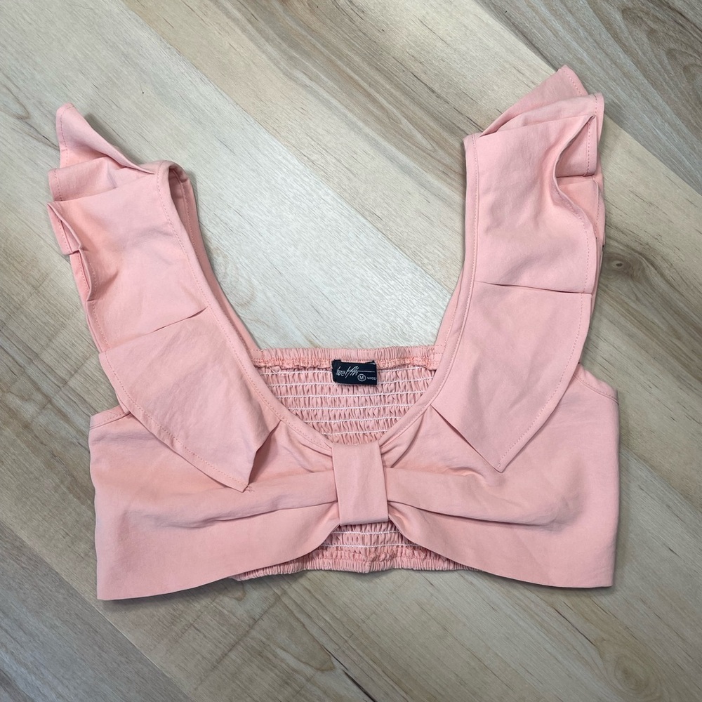Peach Boho Crop Top Bow Front Ruffle Sleeve Smocked Back Festival M - Picture 3 of 8